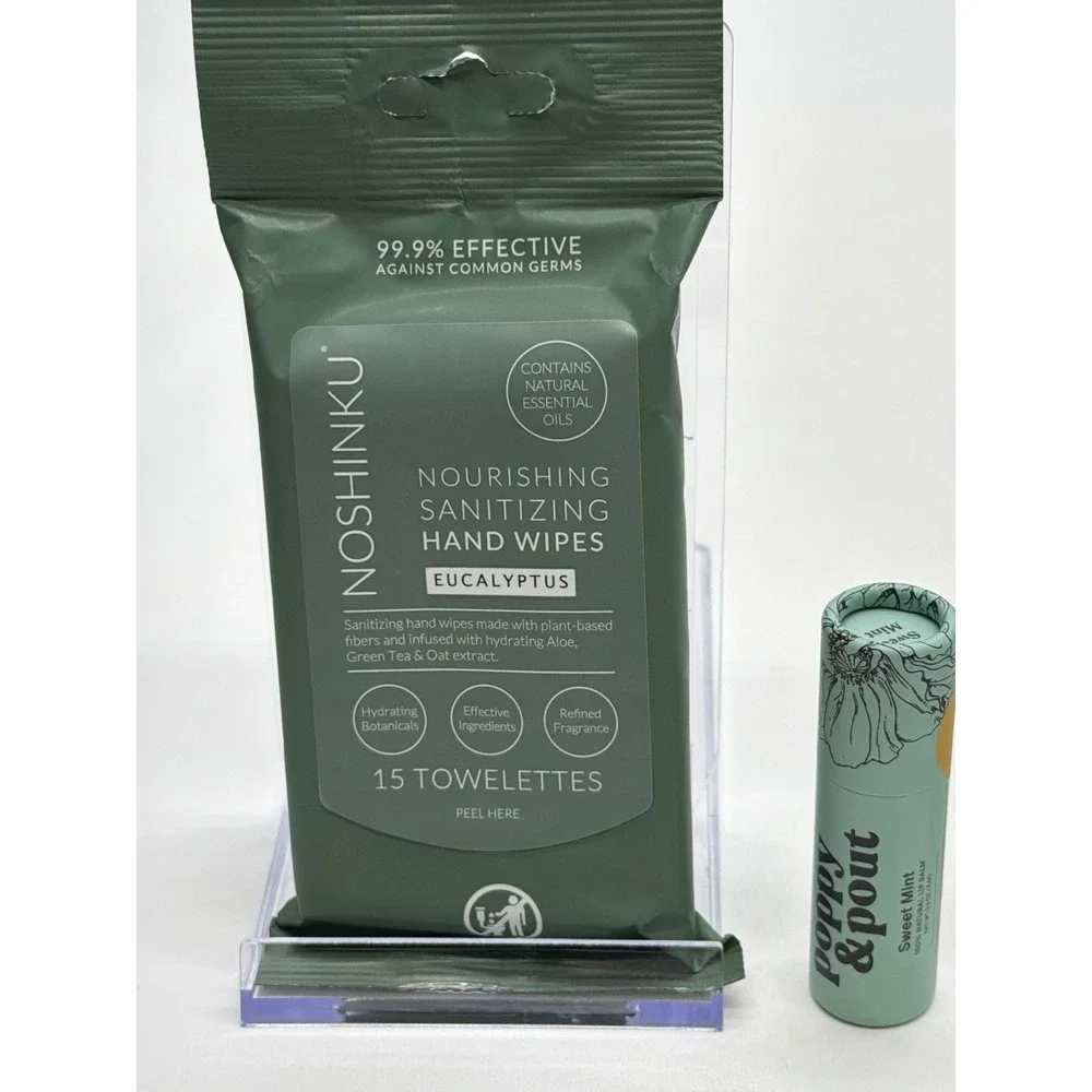 Noshinku Eucalyptus Hand Sanitizer Wipes & Poppy Pout Sweet Mint Lip Balm Set